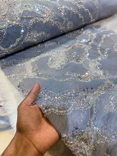 Fella Applique Handwork Net Embroidery 54 Inch Width With Crystals And beads and Cutdana work