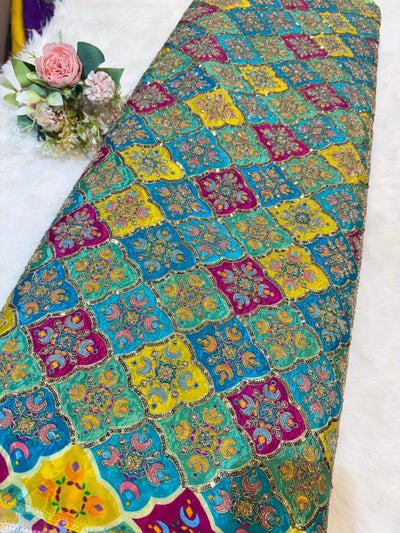 Pure Crape Embroidery with Zari and Sequins Work 44 Inch Width