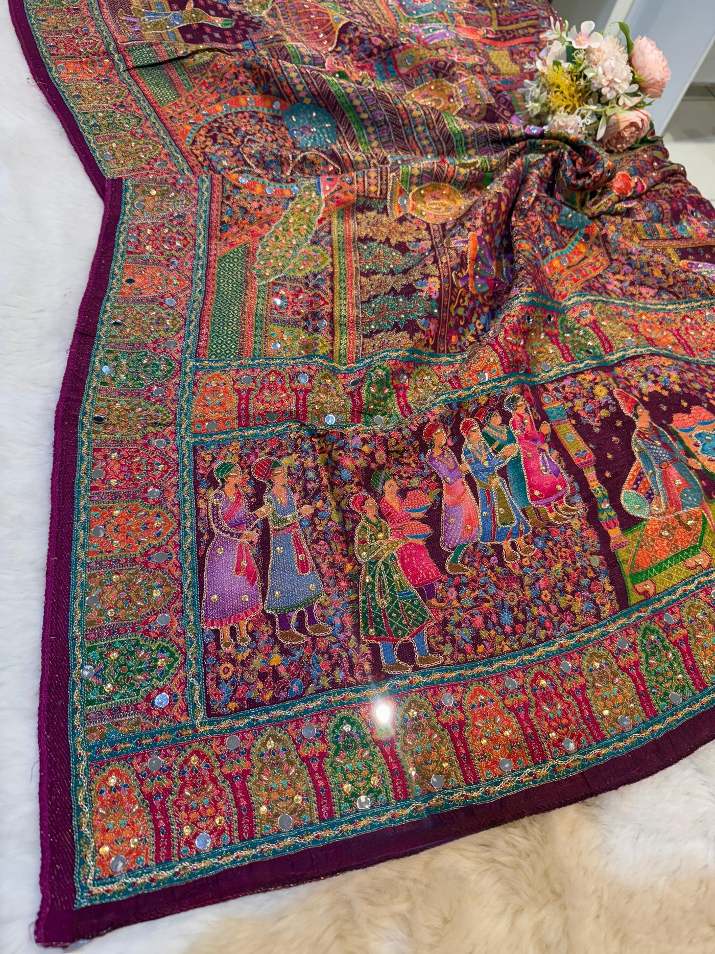Darbar Wine Pure Silk Dupatta with Real Handwork 2.50 meter length