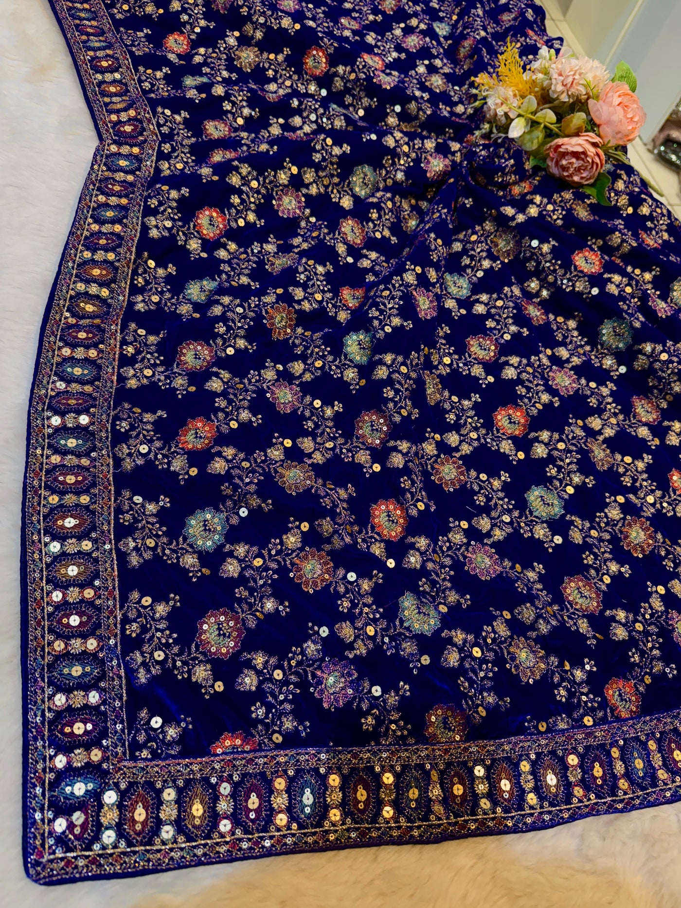 Royal Blue velvet Limited Edition Dupatta With Embroidery 2.40 meter length