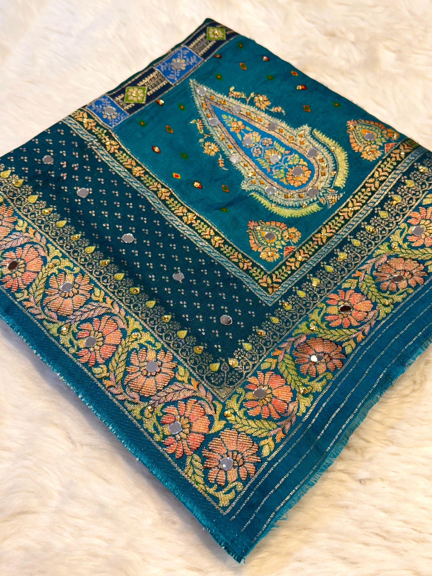 Sajda Teal Blue Pure Silk Dupatta With Real Mirror Handwork 2.50 meter length