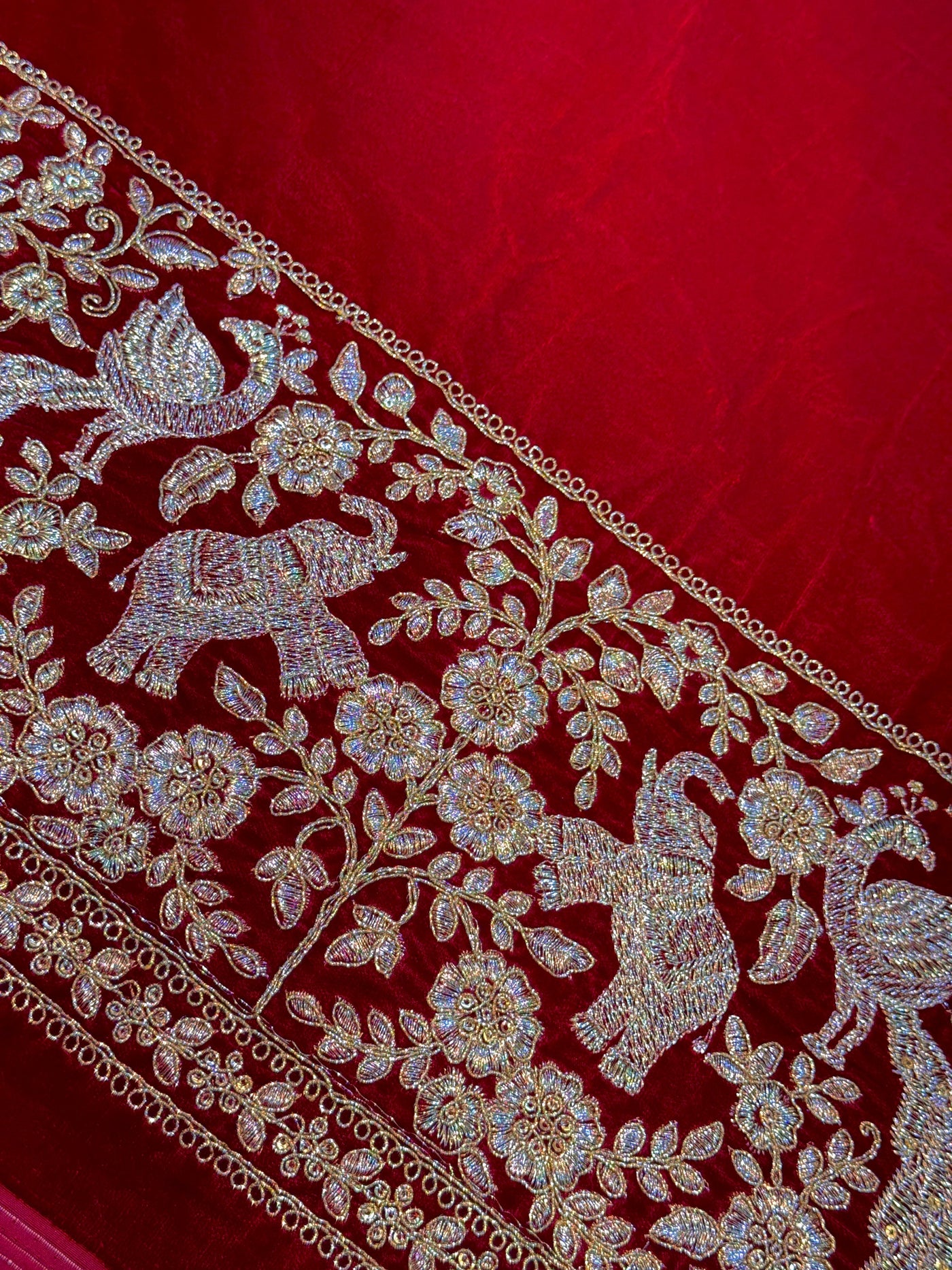 Red Ivy Velvet Daaman Zari embroidery 44 Inch width