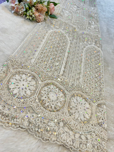 White Net Chikankari Embroidery Dyeable with Sequins Work  50 inch width