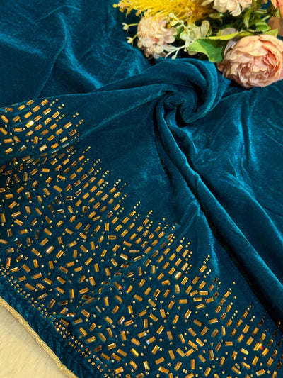 Teal Blue Velvet stoles With Stone Work 2.10 meter length 37 inch width