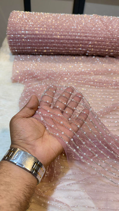 Net Stripe Handwork Nets with Cutdana and Pearl work 54 inch width