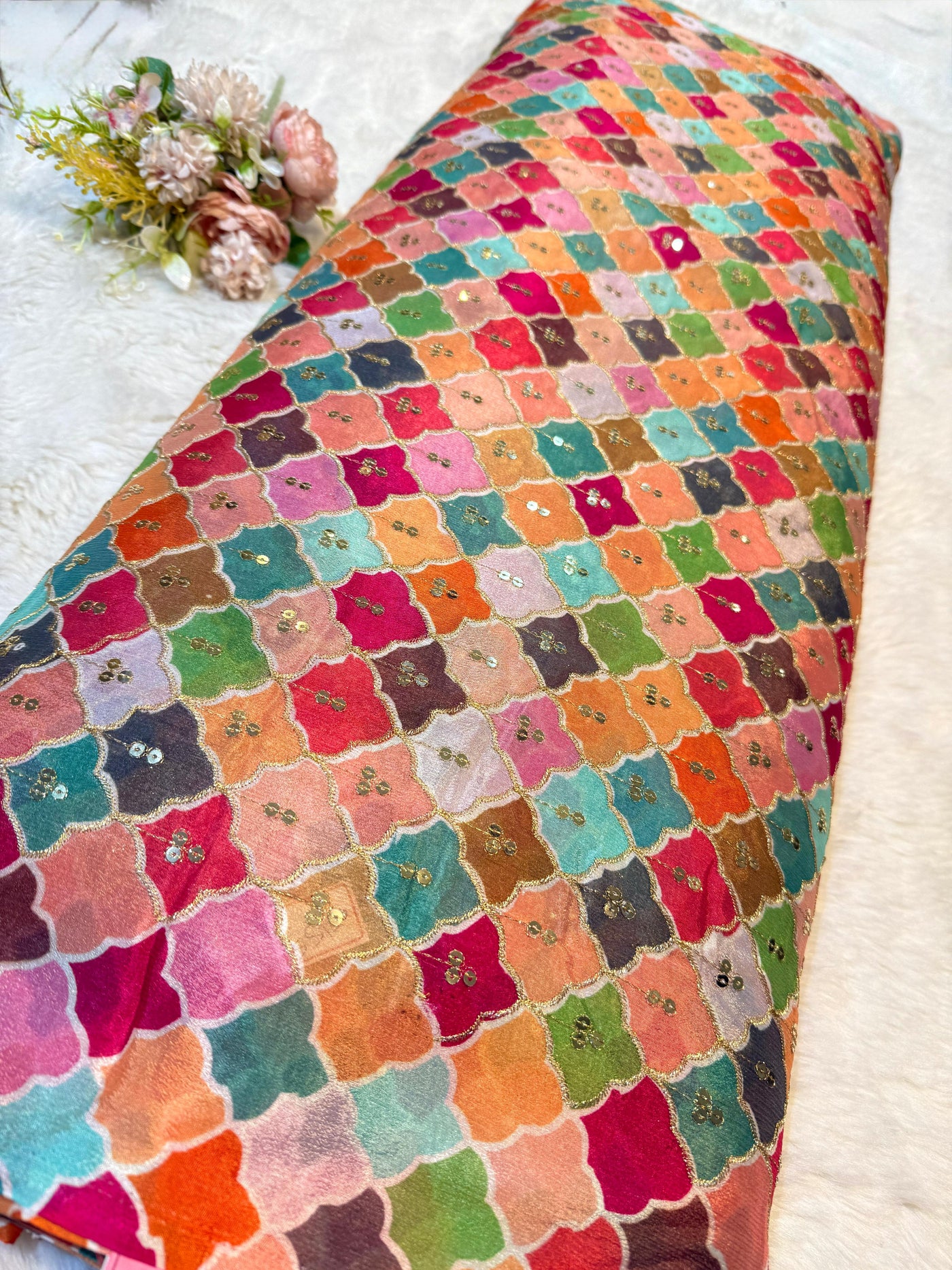 Pure Chinon Sabhya Embroidery with Zari and Sequins 44 Inch width