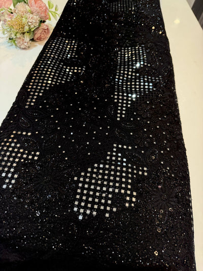 Black Neom Chikankari  Net Embroidery With Mirror work and cutwork 45 inch width