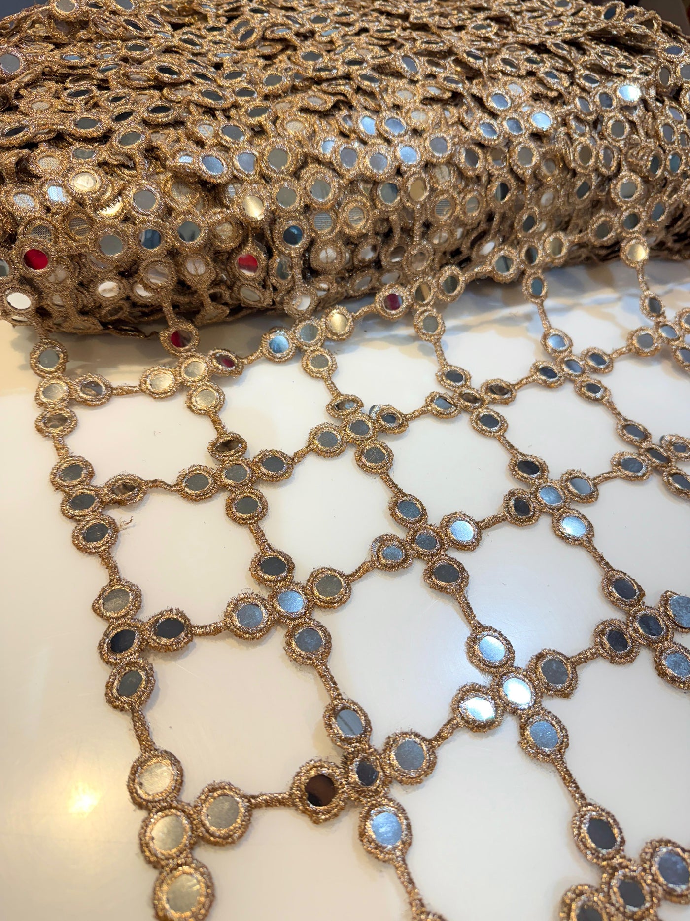 Dark gold  Crochet With Faux Mirror Embroidery 39 inch width