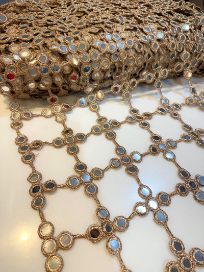 Dark gold  Crochet With Faux Mirror Embroidery 39 inch width