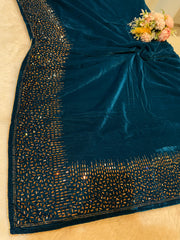 Teal Blue Velvet stoles With Stone Work 2.10 meter length 37 inch width