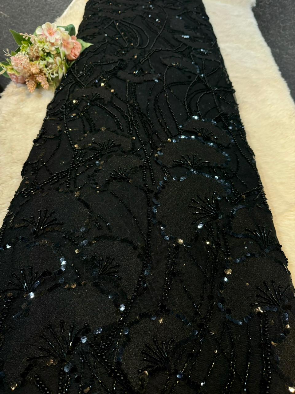 Black Handwork Net Embroidery With Appliqué And Sequins