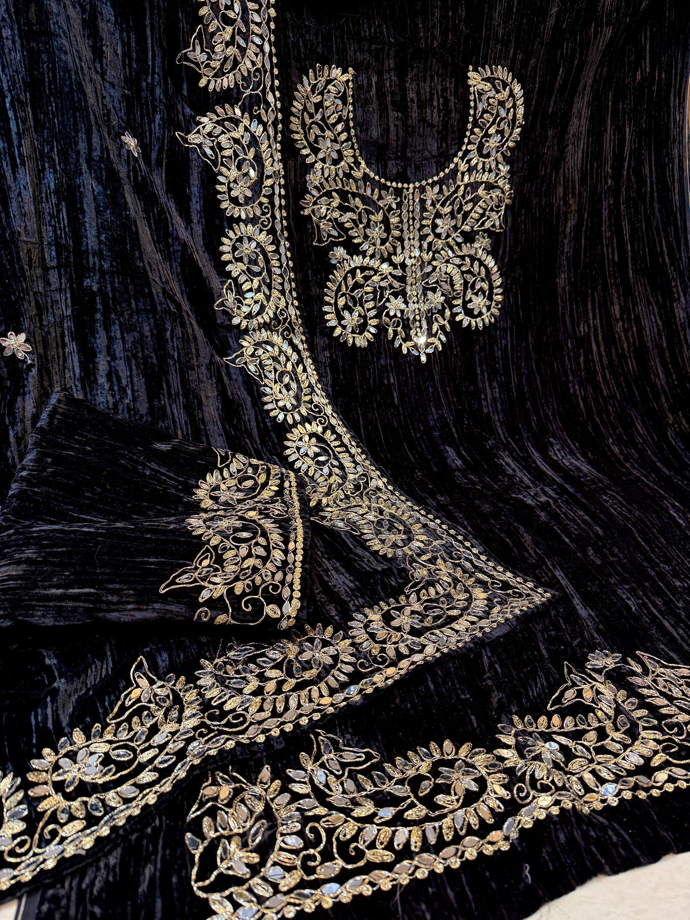 Black Crush Velvet Handwork Suit Set