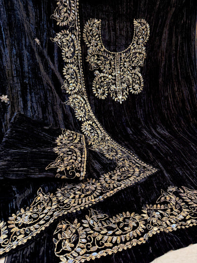 Black Crush Velvet Handwork Suit Set