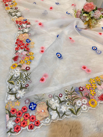 Kiara Luxury Organza Scalloped Dupatta With Threadwork Florals 2.50 meter length 38 inch width (Dyeable To Light Shades )
