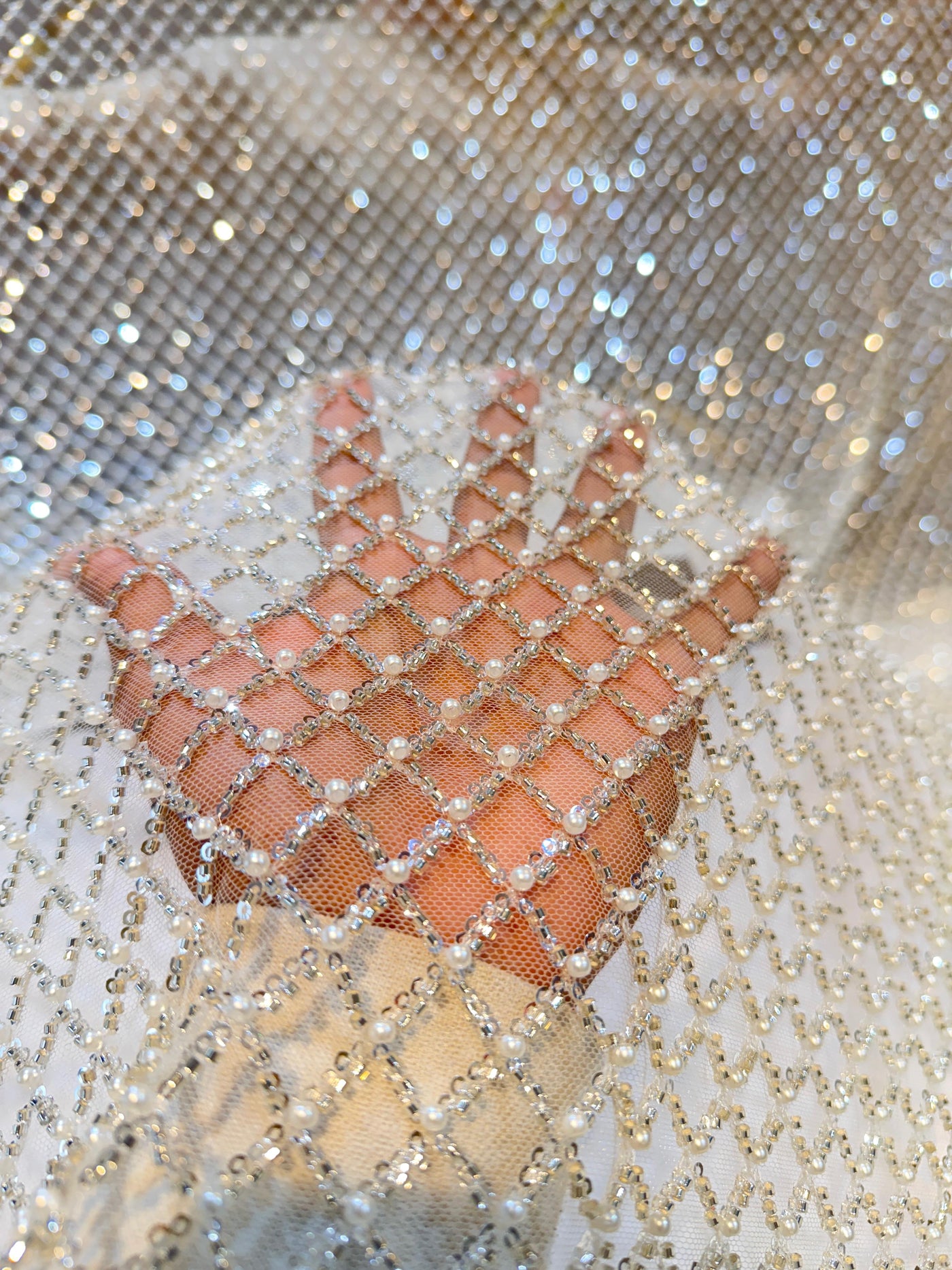 Pearl White Handwork Net Embroidery Checks Pattern  with Cutdana and Pearl Work 54 inch width