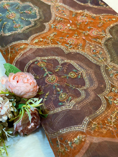 Iliana Orange Organza Prints with Embroidery 44 inch width