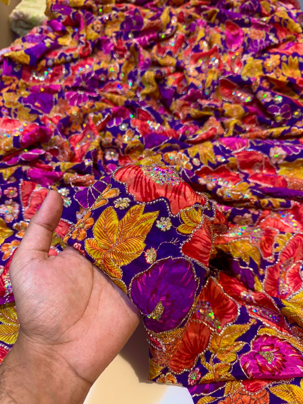 Luxury Crape Floral Print Embroidery With Handwork 44 Inch width