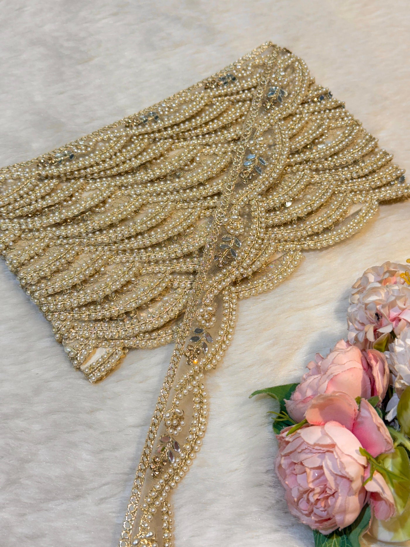 (Wholesale pack of 9 meter ) Lace Border With Pearl and Stone and Mirror Work