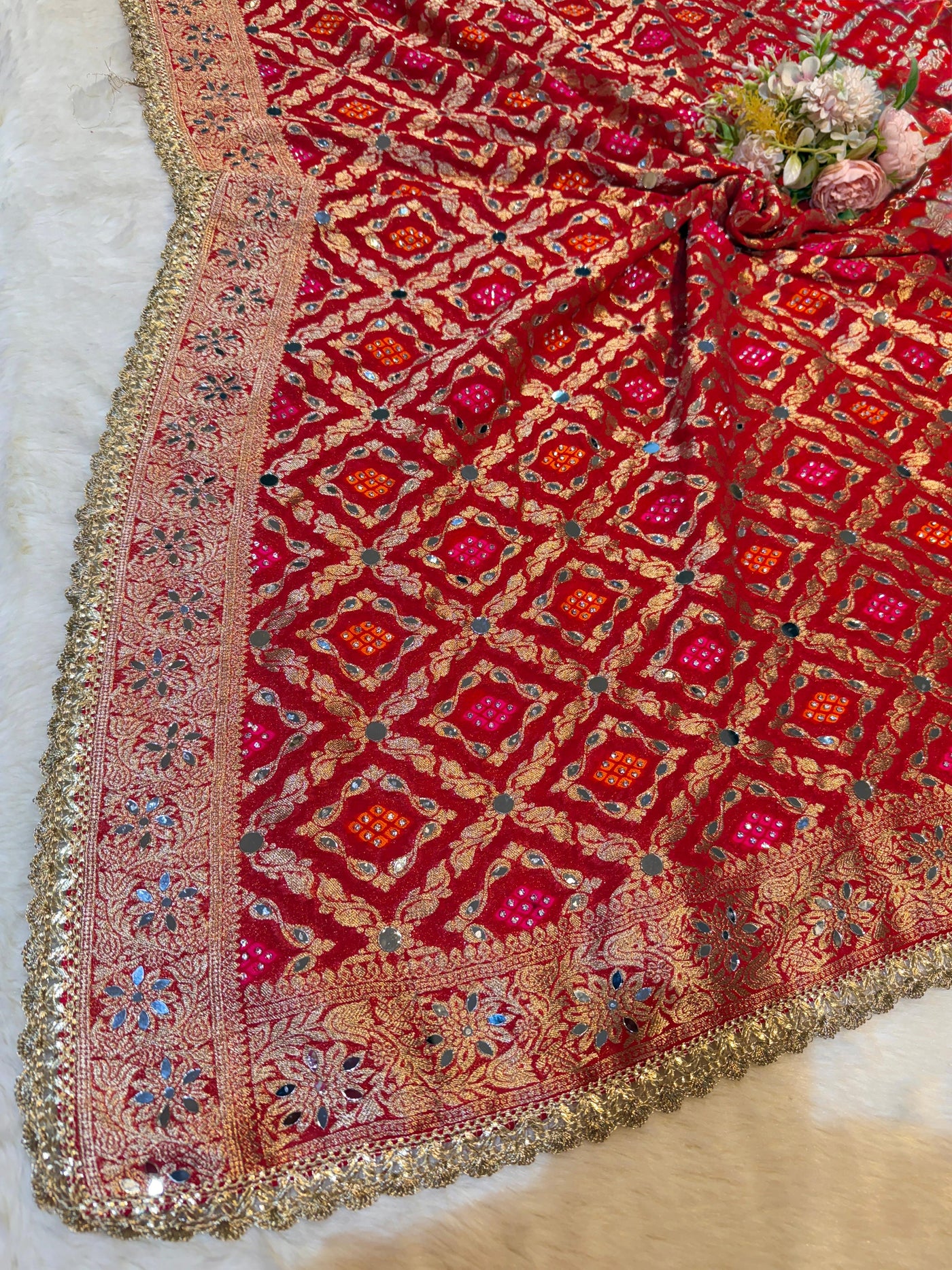 Red Sheeshmahal Pure Georgette Handwork Dupatta 2.35 Meter Length