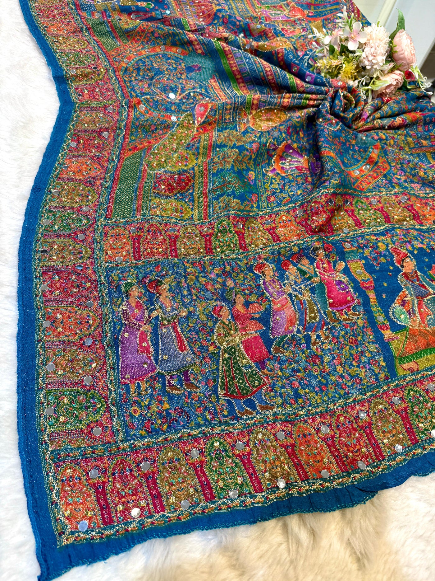 Darbar Teal Blue Pure Silk Dupatta with Real Handwork 2.50 Meter length