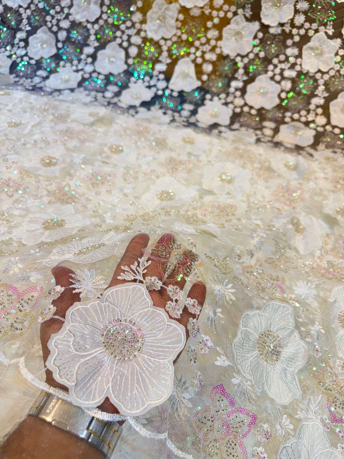 White Agam Applique Handwork Net Embroidery 54 inch width