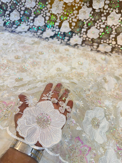 White Agam Applique Handwork Net Embroidery 54 inch width