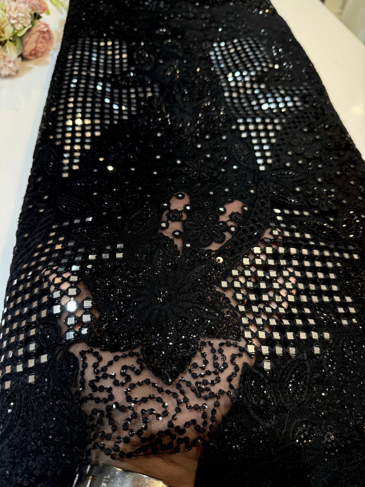 Black Neom Chikankari  Net Embroidery With Mirror work and cutwork 45 inch width