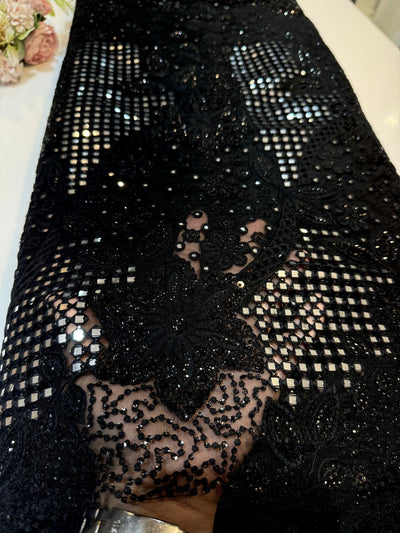 Black Neom Chikankari  Net Embroidery With Mirror work and cutwork 45 inch width
