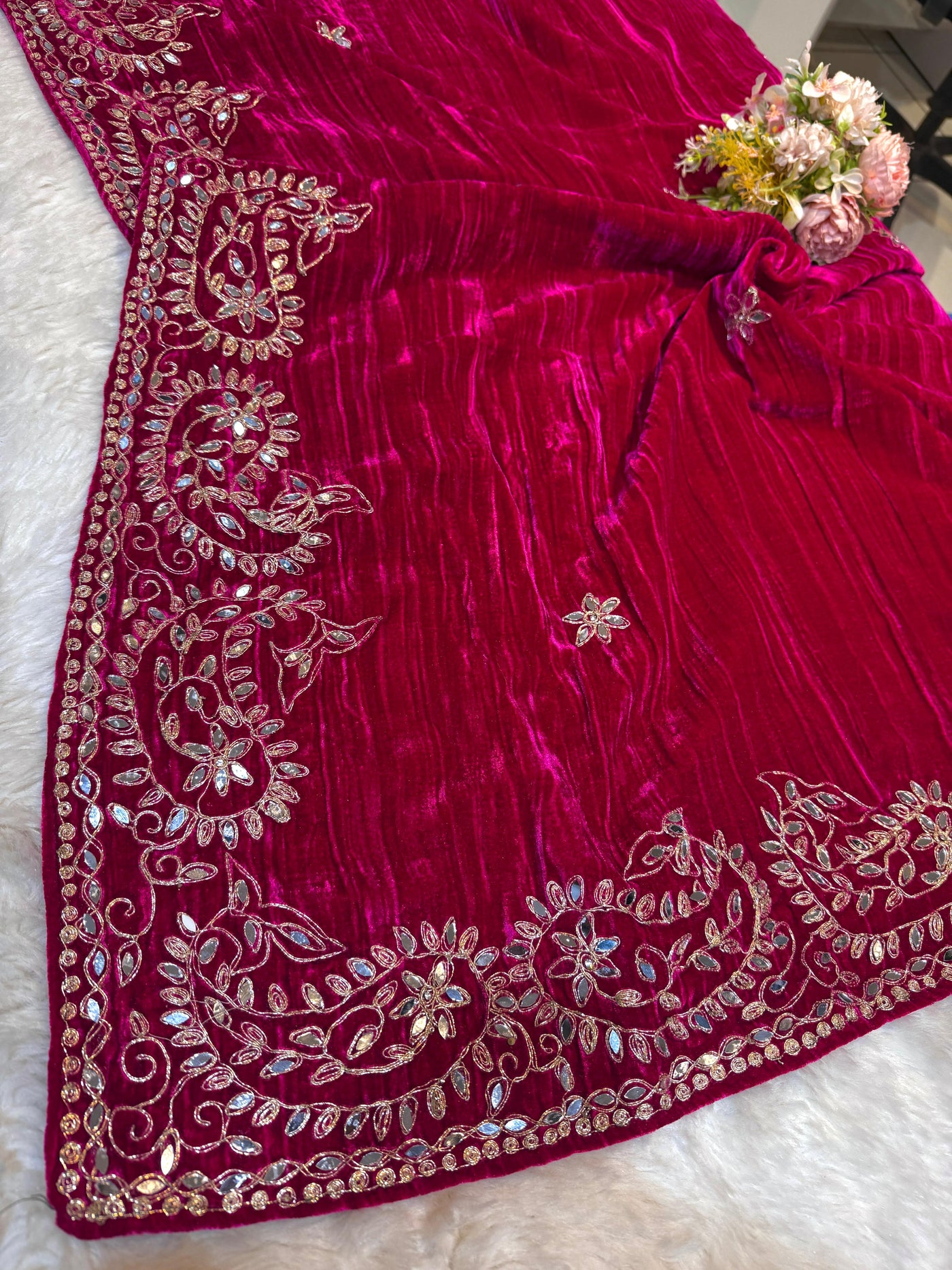 Magenta Pure Crush Velvet Real Mirror Handwork Dupatta 2.50 meter length
