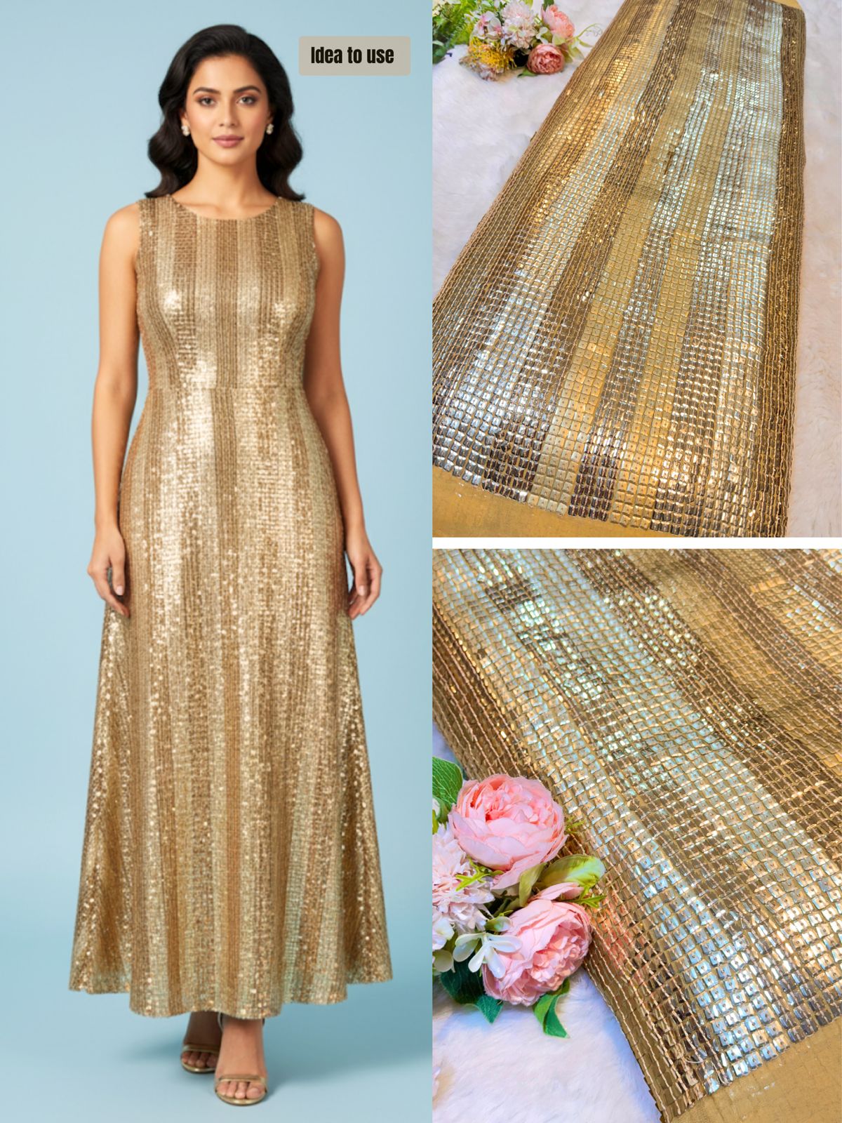 (Preorder - Dispatch after 20 Days) Sahiba Gold Pure Georgette Embroidery With Multiple Stripes Sequins Pattern 48 inch width