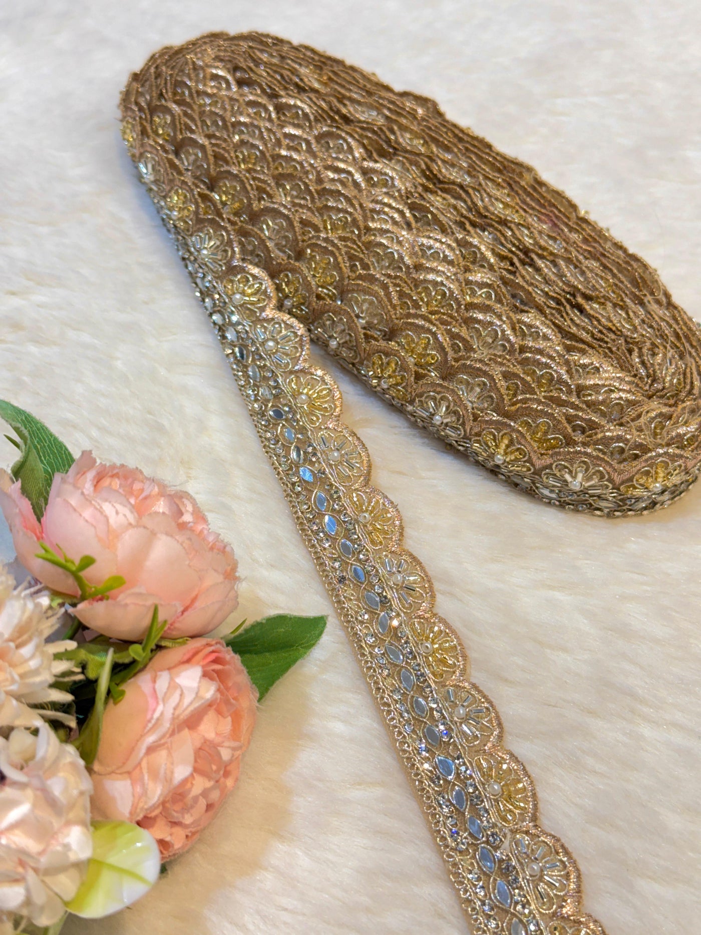 (Wholesale pack of 9 meter ) Lace Border With Cutdana Pearl Stone and Mirror work