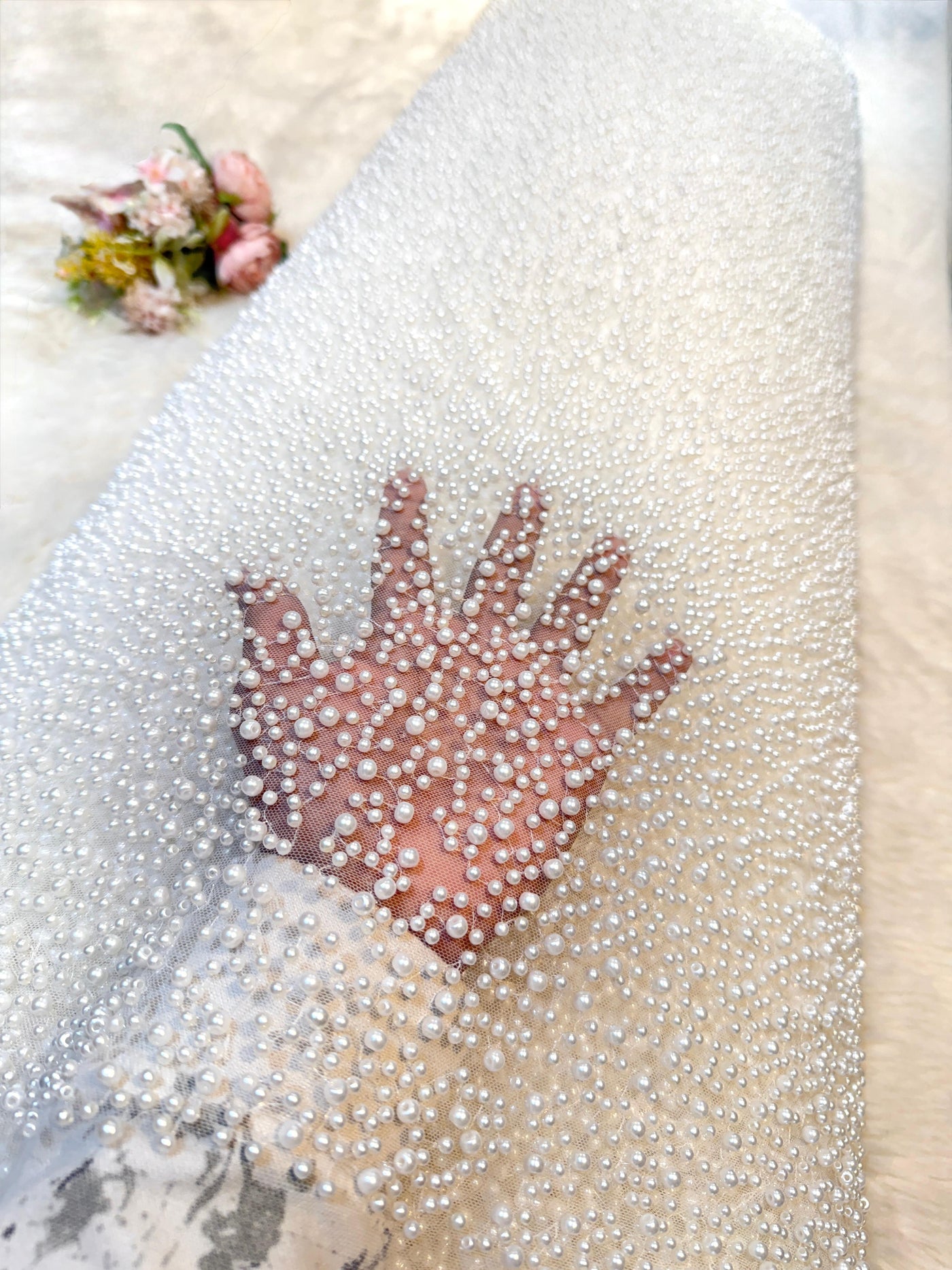 Imported Handwork Net Embroidery With Scattered Pearls Work 54 inch width