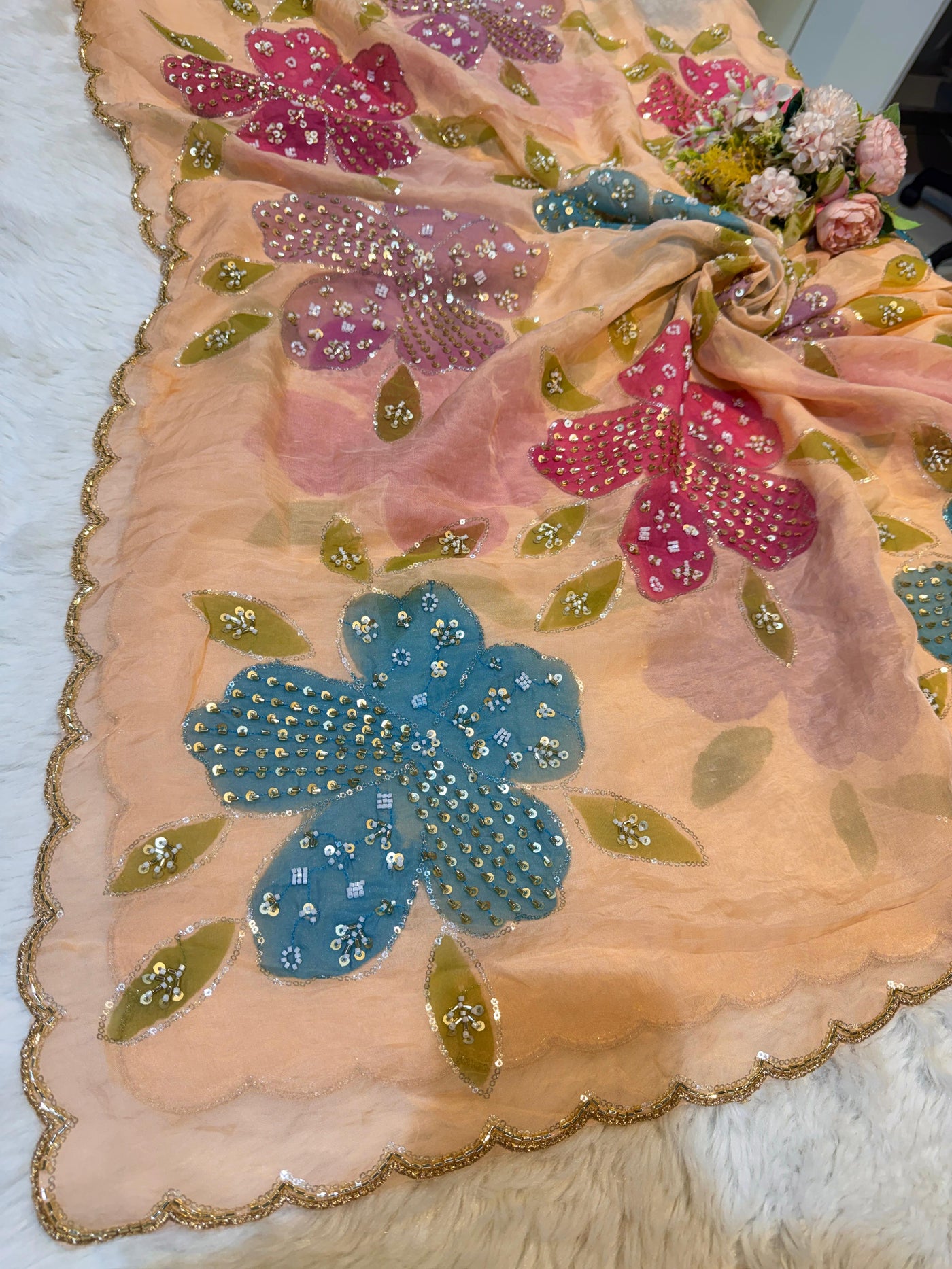 Ayesha Peach Pure Organza Handwork Dupatta With Floral Work and Four Side Scalloped Borders 2.40 meter length