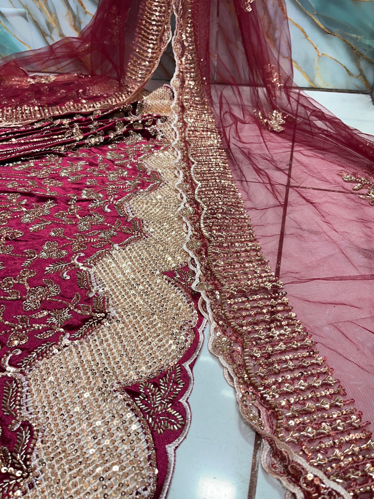 (Mix and Match ) Pure Velvet Handwork Embroidery 54 inch width / Net Dupatta With Two side Borders  37 inch width