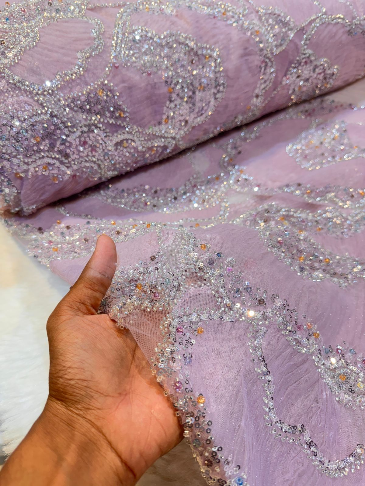 Fella Applique Handwork Net Embroidery 54 Inch Width With Crystals And beads and Cutdana work