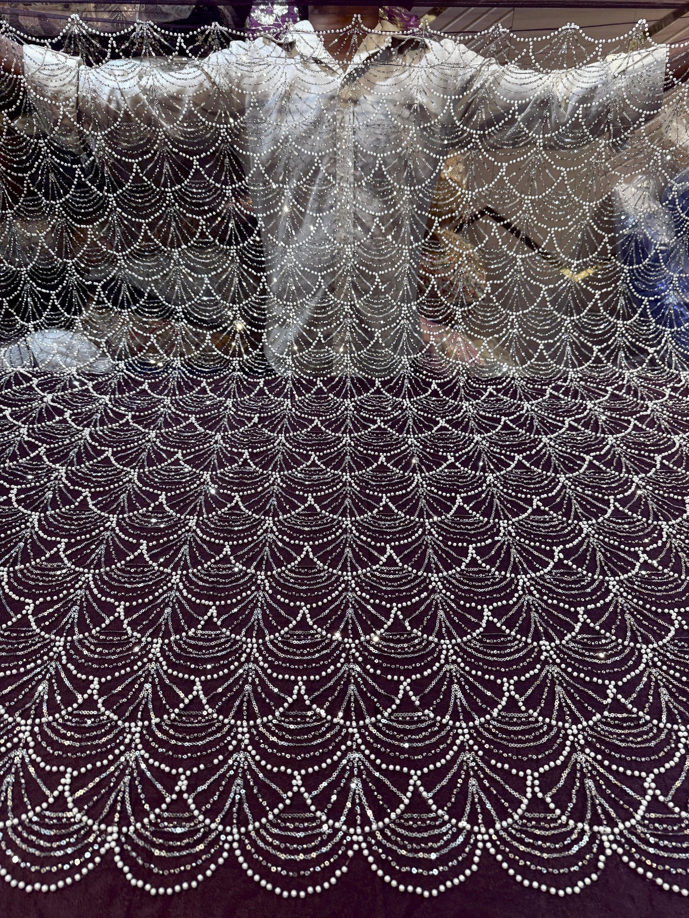 Elif Lite Wine Color Handwork Net Embroidery With Pearl Sequins And Cutdana Work 54 inch width