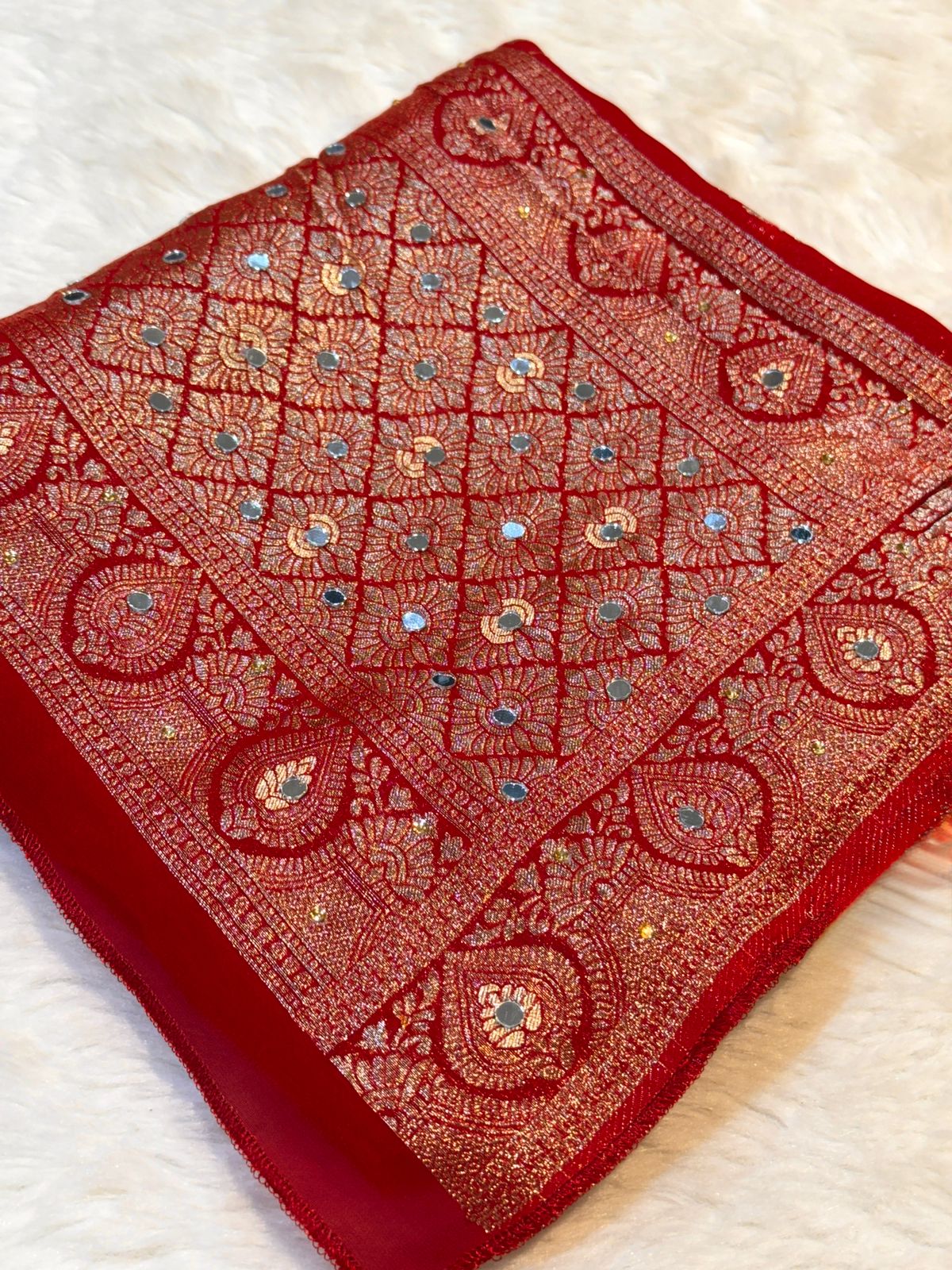 Shehnaaz Red Pure Georgette Banarsi Dupatta With Handwork 2.50 meter length