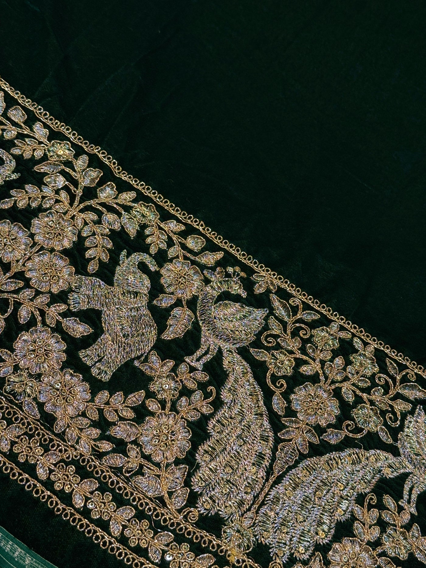 Bottle Green Ivy Velvet Daaman Zari embroidery  44 Inch width