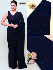 (Precut of 1.30 Meter) Navy Blue Stripe Handwork Net 44 inch width