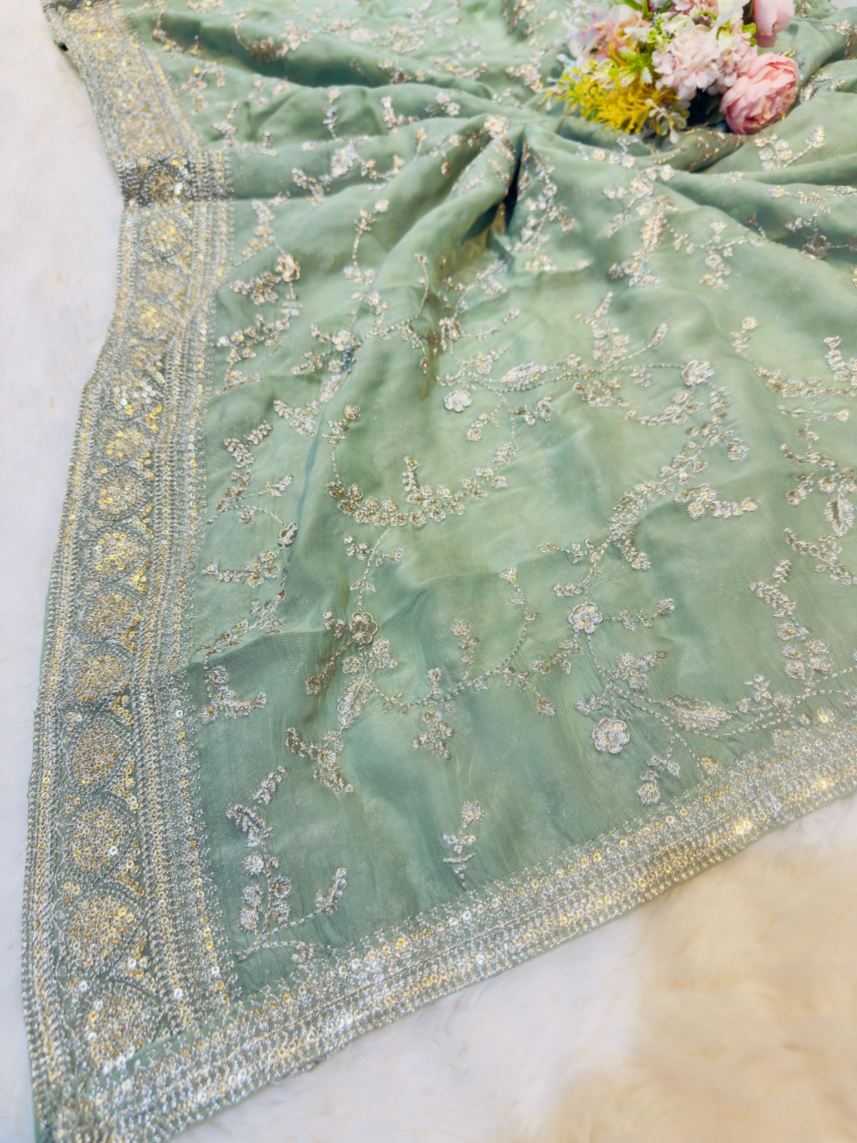 Deep Mint Green Viscose Organza Silk Sabhya Dupatta 37 Inch width (Sha ...
