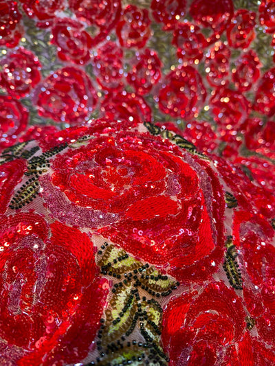 Beige  Rose Bouquet Handwork Net Embroidery 54 inch width With sequins and Cutdana Work