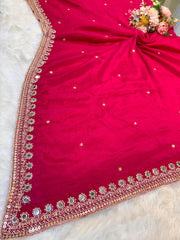 Hot Pink Pure Chinon Handwork Dupatta with Four Side Mirror Cutdana Work Borders (2.40 meter length )