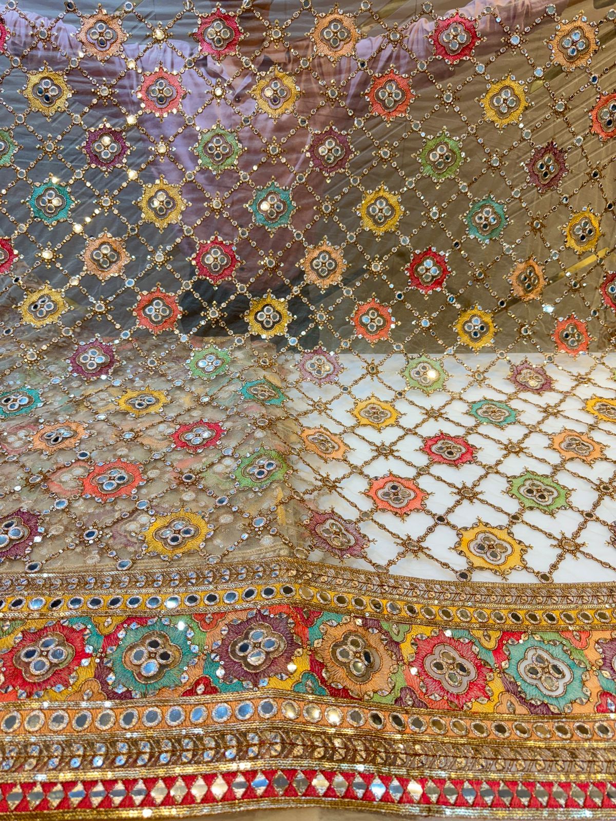 Gulnoor Mirror And Threadwork Nets 48 inch width Beige color base