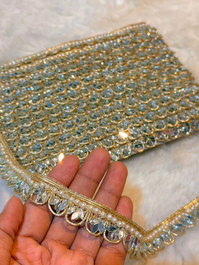 Wholesale pack of 9 meter ) Lace Border With Pearl and Mirror work