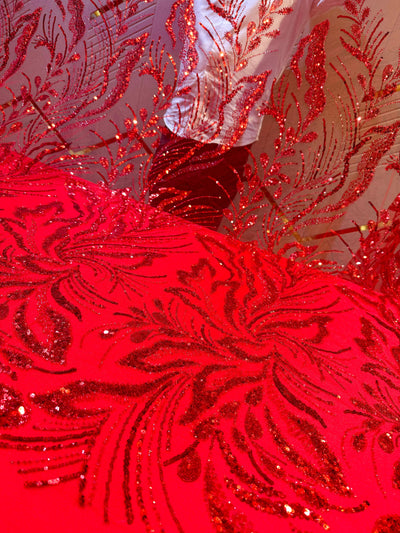 Red Handwork Net Embroidery 50 inch width