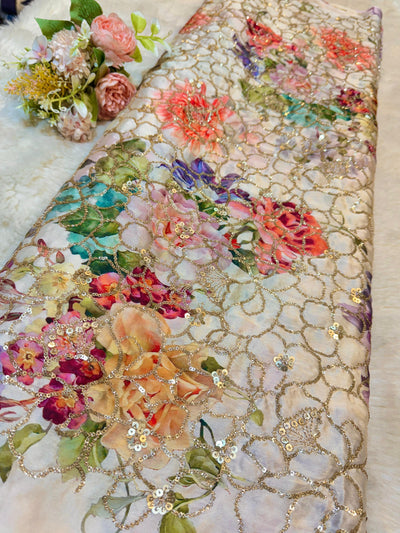 Ifra Satin Georgette Floral with Sequins Embroidery 44 inch width