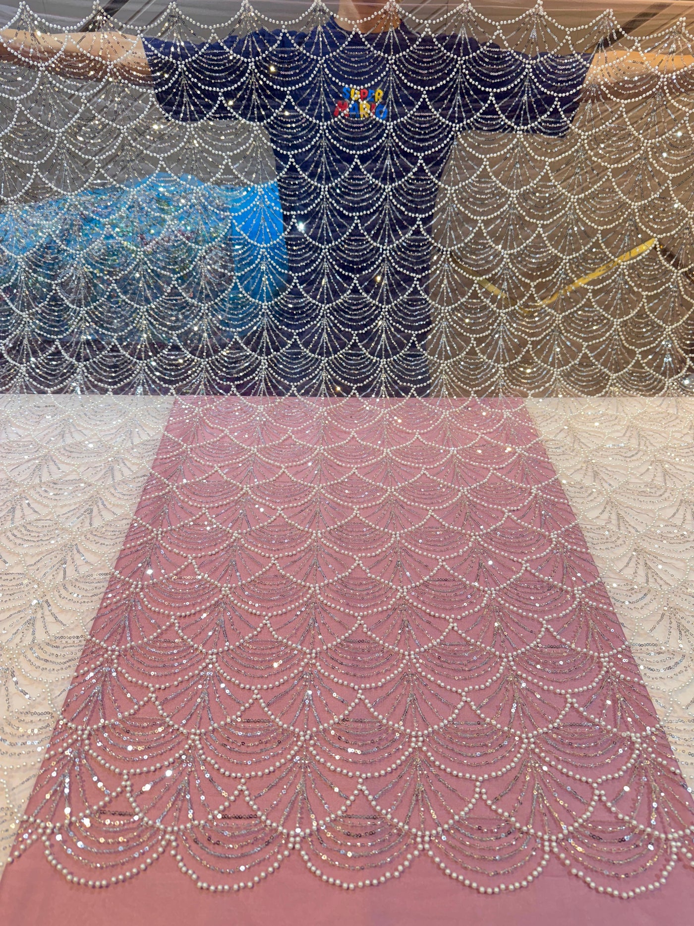 Elif Lite Pink Color Handwork Net Embroidery With Pearl Sequins and Cutdana Work 50 Inch width