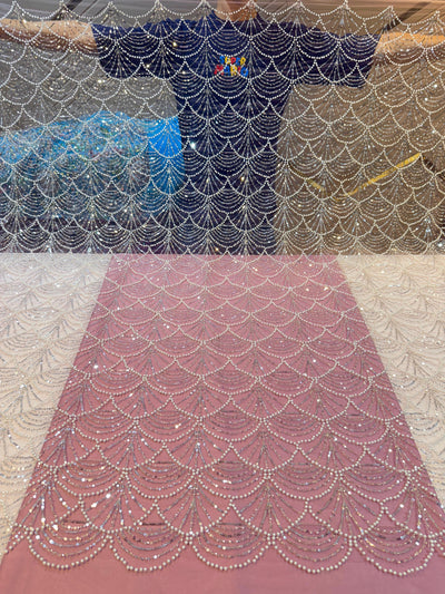 Elif Lite Pink Color Handwork Net Embroidery With Pearl Sequins and Cutdana Work 50 Inch width