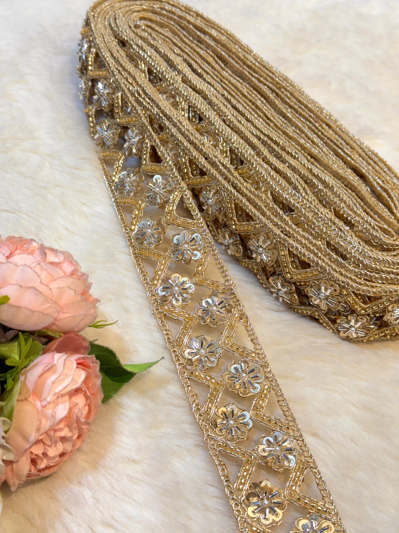 (Wholesale pack of 9 meter ) Lace Border With Cutdana Sequins and pearl work