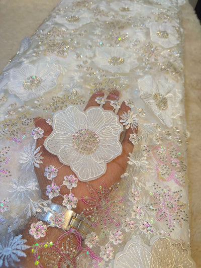 White Agam Applique Handwork Net Embroidery 54 inch width